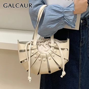 GALCAUR מוצק תיק לנשים טלאים חלול החוצה שרוך מעצבת אביזרי אופנה שקיות ארוגים נקבה 2021 בציר חדש