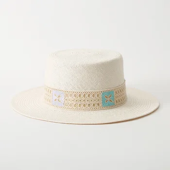 ארוגים ביד יוקרתית כובע קש שטוח גבי נייר לבן כובע גדול לזכותו הגנה מפני השמש צרפתי משובח מזדמן כובע gorras פארא mujer