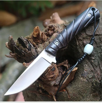 סכין חיצוני נייד ידית עץ מאחז קבוע להב סכין הישרדות, מחנאות, ציד כלי EDC כיס סכינים + נרתיק