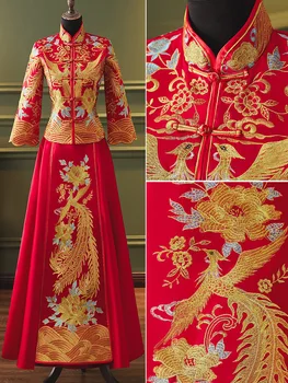 העתיקה נשים שמלת חתונה זהב קו רקמה פרחים פניקס סיני הכלה נישואין Cheongsam חליפה קלאסית צ ' יפאו