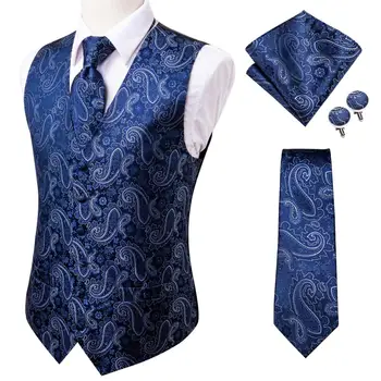 היי-תקשור 20 צבע משי גברים צים עניבת עסקים רשמית שמלה סלים שרוולים ז 'קט 4PC הנקי הכפתור הכחול פייזלי חליפת הז' קט