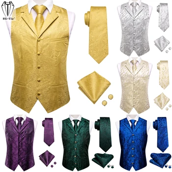 היי-עניבת משי Mens הז 'קט עניבה להגדיר שטוח צווארון ללא שרוולים ז' קט חליפה וסט עניבה כיס מרובע חפתים עסקי החתונה מתנה