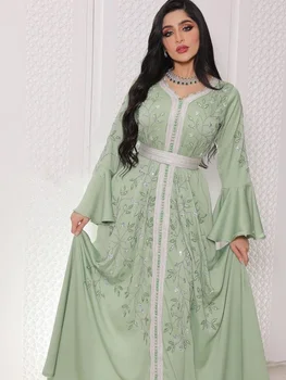 הודו טורקיה המוסלמית Abaya שמלות נשים אלגנטית יהלום חתונה ערב המפלגה שמלת תחרה עם חגורת Abaya מרוקו גלימה החלוק