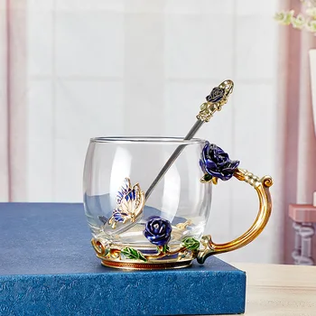 אמייל צבעוני פרח כוס תה בסגנון אירופאי מים, כוס קפה, כוס מיץ, כוס חום מבודד קריסטל לכוס זכוכית אביזרים למטבח