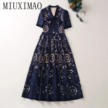 MIUXIMAO 2023 באיכות גבוהה חלול החוצה את השמלה אלגנטית קצר השרוול V-צוואר קשת מוצק הדפס תחרה אופנה שמלה ארוכה נשים Vestide