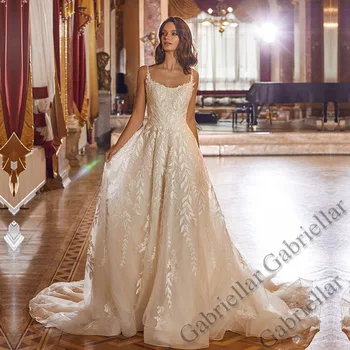 Gabriellar ספגטי רצועות טול שמלת החתונה סקופ מחשוף גב מעולה אפליקציות מנגב את שמלת Vestido De נוביה 2022 נשים