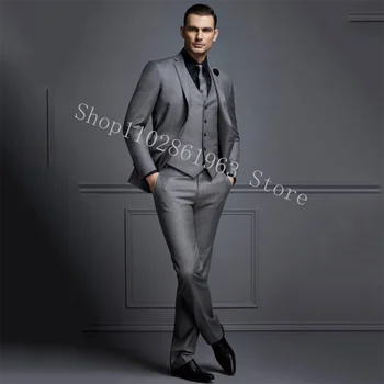 אפור חליפות לגברים Slim Fit 3 חתיכות זכר חליפות עסקית רשמית החתן לובש טוקסידו לחתונה בלייזר+אפוד+מכנסיים תחפושת Homme