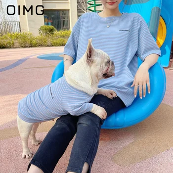 OIMG הקיץ מחמד הורה לילד עם פסים מכותנה כלב חתול שרוול קצר בולדוג צרפתי טדי בגדים בישון אופנה כלבים קטנים טי-שירט