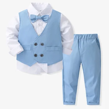 ילדים לבוש רשמי, חליפות ג 'נטלמן בגדים עבור תינוקות בנים כותנה סט שרוול ארוך חולצות כפול עם חזה הז' קט מכנסיים 3Pcs