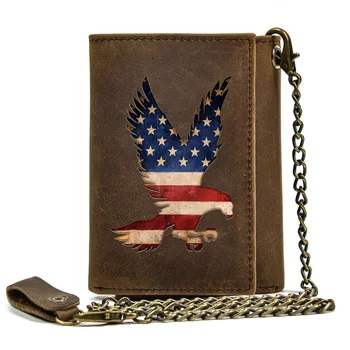 עור אמיתי גברים ארנק גניבה אנטי Hasp עם שרשרת ברזל קלאסי הדגל האמריקאי נשר כיסוי מחזיק כרטיס Rfid קצר הארנק BT3625