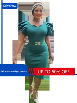אפריקה נדן שמלת עיפרון לנשים 2023 אופנה לפרוע את השרוול גבוה המותניים היפ לעטוף את החגורה של משרד העבודה ליידי Bodycon שמלות ערב