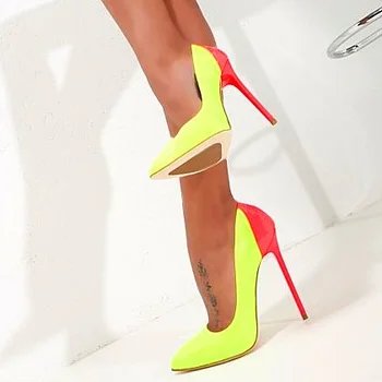 אישה סקסית עקבים גבוהים Colorblock צהוב ורוד נעלי עקבים מחודד בוהן נשים שמלת נעלי גודל 10 אופנה בנות אירועים נעליים