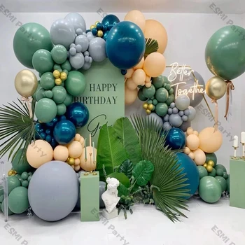 ג ' ונגל מסיבת יום הולדת יום נישואין בלונים קישוט הוכפל טיל כחול מרווה ירוק אפור באלון גרלנד קשת DIY עיצוב