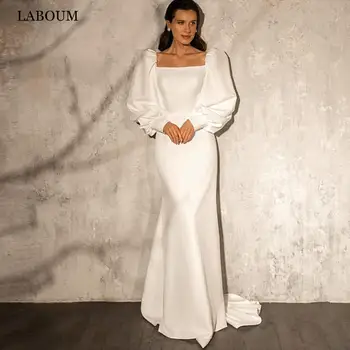 LaBoum כיכר קולר סאטן שמלות כלה אלגנטי בתולת ים שרוולים ארוכים שמלות כלה פשוטה רכבת לטאטא את החלוק, Mariage פאטאל 2023