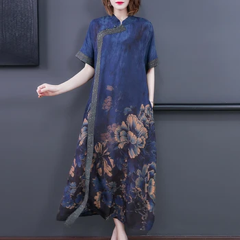 2023 כחול פרחוני Muberry משי חופשי שמלת מקסי קיץ, שרוול קצר אלגנטי קליל מסיבת Midi שמלה נשים קוריאני בציר שמלות