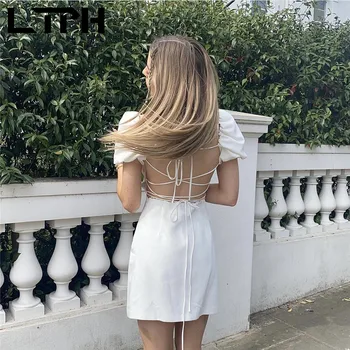 LTPH אלגנטי שמלה לבנה נשים שרוול קצר צווארון מרובע וינטאג ' סקסית חשופת גב צלב שרוכים שמלות מיני 2022 קיץ חדש