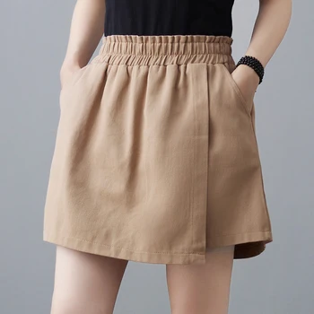 נשים כותנה מכנסיים קצרים חצאיות 2023 חדש קיץ סגנון קוריאני גבוהה המותניים גדול מזויף שני חלקים קו קליל משוחרר רחב הרגל המכנסיים