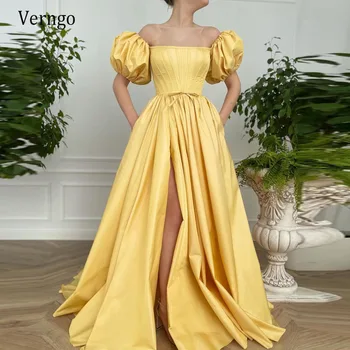 Verngo 2021 חדשים-ישנים צהוב סאטן ארוך ערב רשמי שמלה קצרה פאף שרוולים דופק סטרפלס צד שסף רצפת אורך נשף שמלות