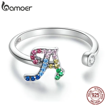 bamoer 925 כסף סטרלינג Stackable הראשונית מכתב טבעות לנשים, אות טבעת מתכווננת גודל 6-8 תכשיטים SCR723