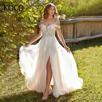 מקדוגל ספגטי כתפיות קו A-החתונה השמלה הכתף גבוה פיצול שמלות כלה טול החלוק de mariée מותאם אישית לנשים