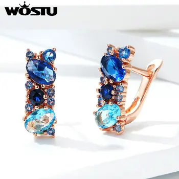 WOSTU בסגנון אירופאי קריסטל כחול קליפ עגילי נחושת ברור CZ רוז זהב עגילים לנשים חתונה אירוסין תכשיטים FFE175