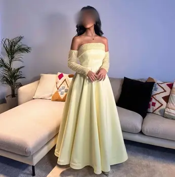 Sayulita אור צהוב סאטן שמלות לנשף סטרפלס פייטים נשלף שרוולים ארוכים מסיבת יום הולדת לנשים ללבוש ערב