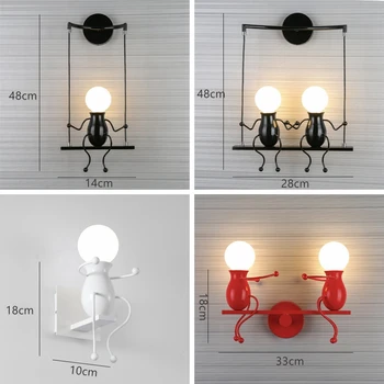 יצירתי איש קטן קיר מנורה E27 LED ברזל חדר ילדים מצויר להניף את הבובה אור הקיר בחדר השינה למסדרון בית Decors פמוטים