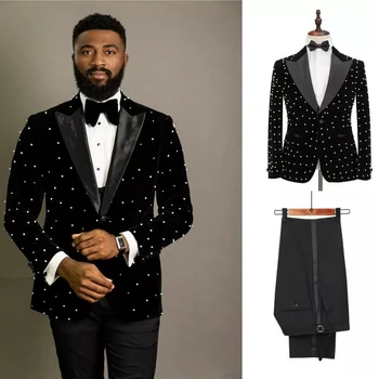 2021 באיכות גבוהה גברים חליפות קטיפה שחור קריסטל חליפות חתן Slim Fit עסקית רשמית מסיבת חתונה חליפות שושבין בלייזר