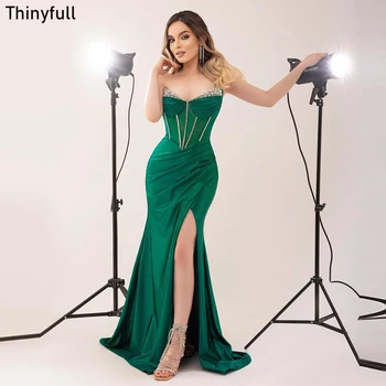 Thinyfull אלגנטי ים ירוק שמלה ללא שרוולים עם צווארון וי Sequines ערב מסיבת שמלות 2023 פיצול מבריק רשמית האירוע השמלה