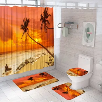 הים השקיעה וילון מקלחת ערכות החלקה לשטיח כיסוי האסלה לאמבטיה מחצלת חוף טרופי דקל החוף גל בנוף העיצוב מקלחת
