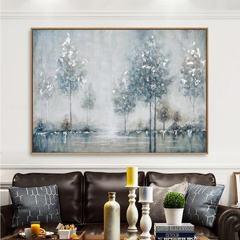 יד מצוירת אבסטרקט בטון אפור ציור שמן נוף היער צובע את הסלון סלון ציור דקורטיבי מסעדה Hotle