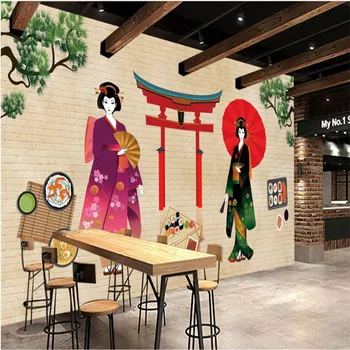 מצוירים ביד רטרו נשים דמויות מסעדת סושי רקע ציור קיר טפט תעשייתי עיצוב קיר נייר המסמכים דה Parede 3D