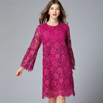 בתוספת גודל שמלות תחרה לנשים גדולות גודל 5XL רוז שמלה אדומה נקבה דוגמניות אופנה חלול מסיבה אלגנטית חצי שרוול 16276