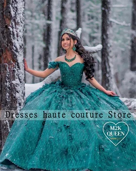 ירוק אמרלד תחרה הטקס שמלות שמלת נשף 2023 חרוזים אפליקציות מסיבת יום הולדת שמלת תחרה למעלה Vestido De 15 יום הולדתה