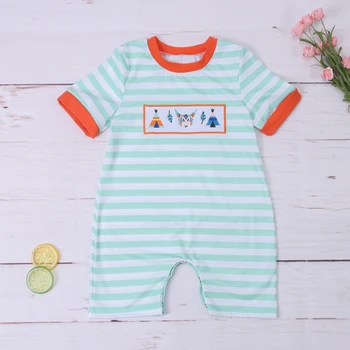 אופנה בגדים עבור התינוק רומפר קיץ ירוק עם פסים משובצת עם שרוולים קצרים כתום תחרה בול רקמה סגנון מקרית 0-3T