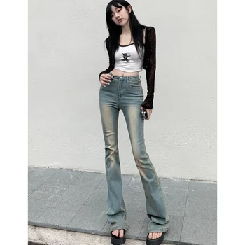 כחול גבוהה המותניים של נשים ג 'ינס הזיקוק מכנסיים בציר אופנה אמריקאי רחוב רחב הרגל ג' ין נקבה ג 'ינס מכנסי באגי מכנסי ג' ינס