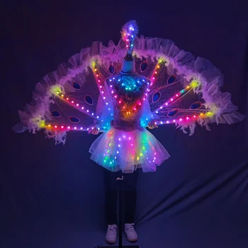 מלא צבע LED טווס, כנפיים מועדון לילה מסלול מודל מסיבת ריקודים על הבמה ללבוש שמלה נשים נערת בלט חצאית