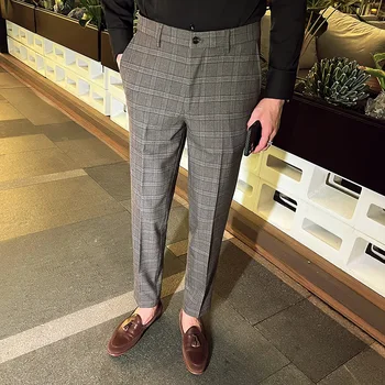 בסגנון בריטי משובץ המכנסיים גברים באורך קרסול מזדמן רזה לבוש עסקי המכנסיים חברתית אופנת רחוב במשרד החתונה מכנסיים