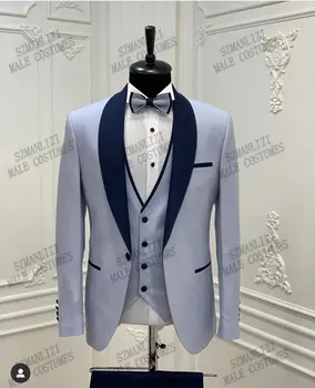אור כחול חליפות גברים לחתונה 2021 הצעיף דש Slim Fit החתן לובש טוקסידו לנשף השושבינים זכר השושבין בלייזר תחפושת Homme