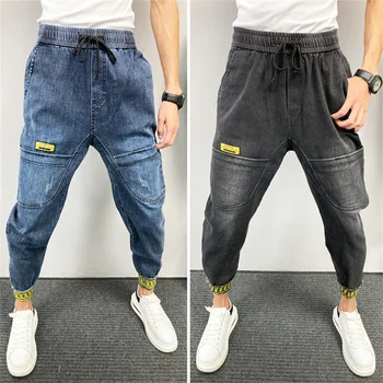האופנה גברים של מכנסיים צבאיים היפ הופ אופנת רחוב אצן ג 'ינס מכנסי גברים מזדמנים אלסטי המותניים גברים באגי הרמון מכנסיים ג' ין