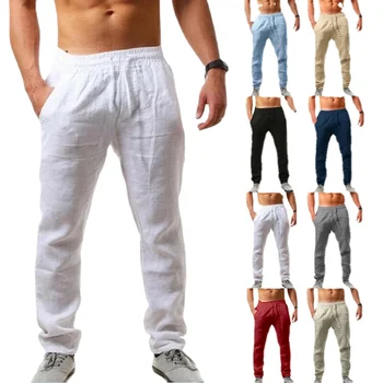2022 גברים של האופנה החדשה פנאי ספורט מכנסיים אלסטיים במותניים כותנה, פשתן טהור צבע מכנסיים ספורט קליל ונוח