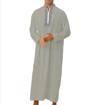 המוסלמים אופנה 2023 גברים שרוול ארוך עם צווארון וי שחור אפור אדום פוליאסטר דפוס Jubba Thobe גברים מוסלמים בגדים המוסלמים Abaya