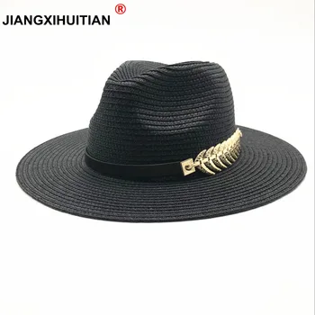 2018 הקיץ הבריטי חגורת וינטג 'מגבעת שטוחה, שוליים כובע קש הצללה שמש כובע ליידי האופנה החוף כובע יוניסקס ג' אז כובע