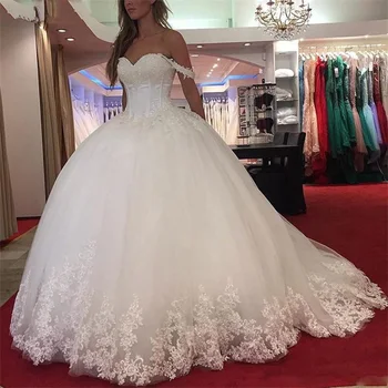 NUOXIFANG אפליקציות תחרה שמלת נשף חתונה לבנה שמלות מתוקה חרוזים שמלות כלה נסיכה גלימת דה mariee 2020