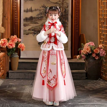 Hanfu בנות תחפושת Cheongsam סין השנה החדשה בפסטיבל האביב בגדי חורף עבים חלוק חם ביצועים ילדים אדום ורוד שמלות