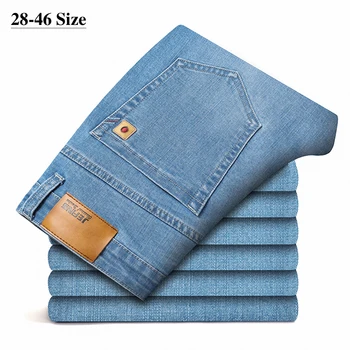 2023 סתיו החורף חדש לגברים של אור כחול העסקים ג 'ינס בתוספת גודל 42 44 46 למתוח ג' ינס ישר הרגל המכנסיים זכר מותג מכנסיים