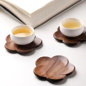 אגוז שחור תחתיות משרד קפה בידוד עץ מלא יצירתי פרח כרית גביע עץ בידוד תחתיות SN3746