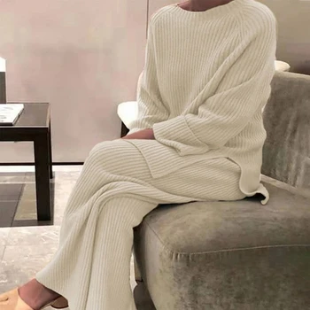 2022 סרגה סוודר חליפת נשים מקרית מוצק צבע O-צוואר Pullovers+חליפת מכנסיים נקבה סתיו חורף רכה שני חתיכת קבוצה Homewear
