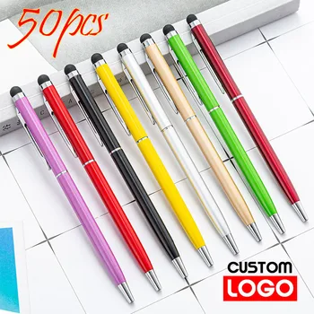 50 חבילות של 13-צבע המתכות 2-in-1 Stylus אוניברסלי עט כדורי מותאם אישית לוגו פרסום עט המשרד הספר טקסט חריטה