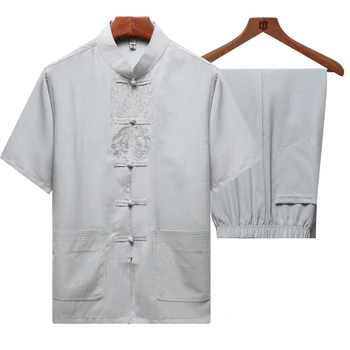 חידוש כותנה, פשתן, רקמה טאנג חליפה של גברים שרוול קצר בסגנון סיני כפתור תלבושת פנאי מזדמן וו שו טאי צ ' י סטים